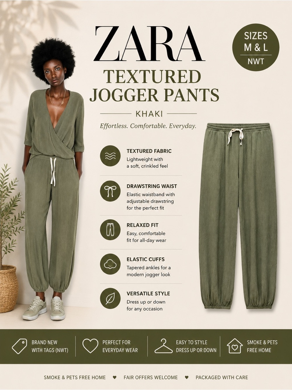ZARA Textured Khaki Jogger Pants NWT Drawstring Elastic Waist M L